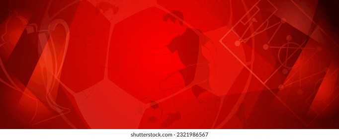 Abstract soccer background with a football players kicking the ball and other sport symbols in red colors