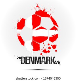 Abstract soccer ball with Danish national flag colors. Flag of Denmark in the form of a soccer ball made on an isolated background. Football championship banner. Vector illustration