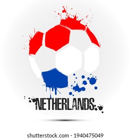 Abstract soccer ball with Dutch national flag colors. Flag of Netherlands in the form of a soccer ball made on an isolated background. Football championship banner. Vector illustration