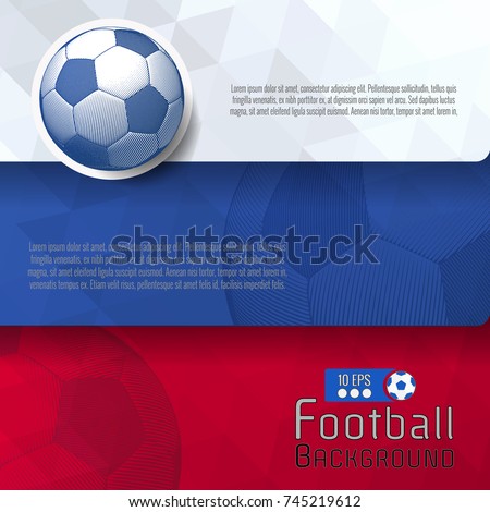 Abstract soccer ball graphic template background with white blue and red flag stripe and space for text copy 