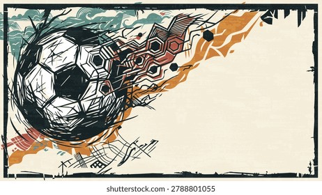 Abstract soccer ball meteor hand drawn linocut style on beige background graphic illustration have blank space.