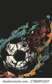 Abstract soccer ball meteor hand drawn linocut style on black vertical background graphic illustration have blank space.