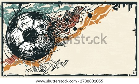 Abstract soccer ball meteor hand drawn linocut style on beige background graphic illustration have blank space.