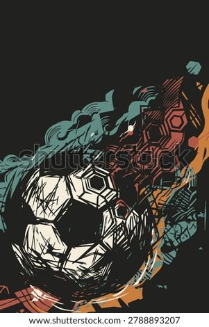 Abstract soccer ball meteor hand drawn linocut style on black vertical background graphic illustration have blank space.