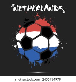 Abstract soccer ball with Netherlands national flag colors. Flag of Netherlands in the form of a soccer ball made on an isolated background. Football championship banner. Vector illustration