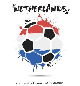 Abstract soccer ball with Netherlands national flag colors. Flag of Netherlands in the form of a soccer ball made on an isolated background. Football championship banner. Vector illustration