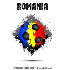 Abstract soccer ball painted in the colors of the Romania flag. Vector illustration