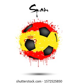 Abstract soccer ball painted in the colors of the Spain flag. Flag of Spain in the form of a soccer ball made of blots on an isolated background. Design pattern in grunge style. Vector illustration