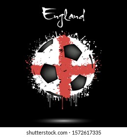 Abstract soccer ball painted in the colors of the England flag. Flag of England in the form of soccer ball made of blots on an isolated background. Design pattern in grunge style. Vector illustration