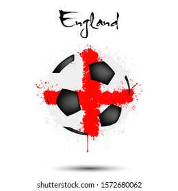 Abstract soccer ball painted in the colors of the England flag. Flag of England in the form of soccer ball made of blots on an isolated background. Design pattern in grunge style. Vector illustration