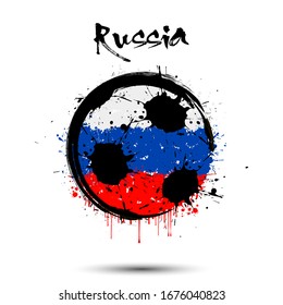 Abstract soccer ball painted in the colors of the Russia flag. Flag of Russia in the form of a soccer ball made of blots on an isolated background. Design pattern in grunge style. Vector illustration