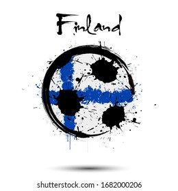 Abstract soccer ball painted in the colors of the Finland flag. Flag of Finland in the form of a soccer ball made of blots on an isolated background. Grunge style. Vector illustration