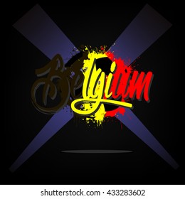 Abstract soccer ball painted in the colors of the Belgium flag with light rays. Vector illustration  