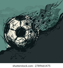 Abstract soccer ball rolled down the mountain hand drawn linocut style on turquoise square background graphic illustration have blank space.