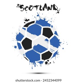 Balón de fútbol Abstractas con los colores de la bandera nacional de Escocia. Bandera de Escocia en forma de balón de fútbol hecho en un fondo aislado. Anuncio del campeonato de fútbol. Ilustración vectorial