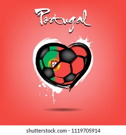 Abstract soccer ball shaped as a heart painted in the colors of the Portugal flag. Vector illustration