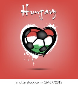 Abstract soccer ball shaped as a heart painted in the colors of the Hungary flag. Flag Hungary in the form of a heart. Grunge style. Vector illustration