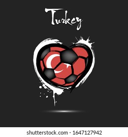 Abstract soccer ball shaped as a heart painted in the colors of the Turkey flag. Flag Turkey in the form of a heart. Grunge style. Vector illustration