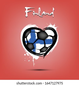 Abstract soccer ball shaped as a heart painted in the colors of the Finland flag. Flag Finland in the form of a heart. Grunge style. Vector illustration