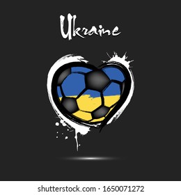 Abstract soccer ball shaped as a heart painted in the colors of the Ukraine flag. Flag Ukraine in the form of a heart. Grunge style. Vector illustration
