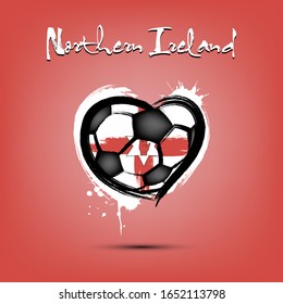 Abstract soccer ball shaped as a heart painted in the colors of the Northern Ireland flag. Flag Northern Ireland in the form of a heart. Grunge style. Vector illustration