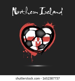 Abstract soccer ball shaped as a heart painted in the colors of the Northern Ireland flag. Flag Northern Ireland in the form of a heart. Grunge style. Vector illustration