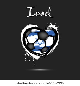 Abstract soccer ball shaped as a heart painted in the colors of the Israel flag. Flag Israel in the form of a heart. Grunge style. Vector illustration