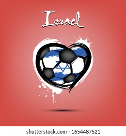 Abstract soccer ball shaped as a heart painted in the colors of the Israel flag. Flag Israel in the form of a heart. Grunge style. Vector illustration