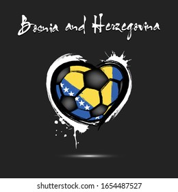 Abstract soccer ball shaped as a heart painted in the colors of the Bosnia and Herzegovina flag. Flag Bosnia and Herzegovina in the form of a heart. Grunge style. Vector illustration