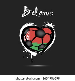 Abstract soccer ball shaped as a heart painted in the colors of the Belarus flag. Flag Belarus in the form of a heart. Grunge style. Vector illustration