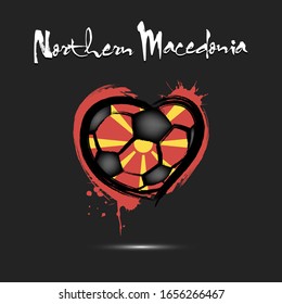 Abstract soccer ball shaped as a heart painted in the colors of the Northern Macedonia flag. Flag Northern Macedonia in the form of a heart. Grunge style. Vector illustration