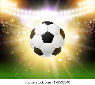 Abstract soccer football poster. Stadium background with bright spotlights and realistic soccer football ball. Vector illustration. 