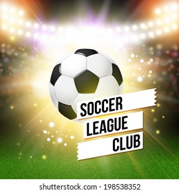 Abstract soccer football poster. Stadium background with bright spotlights and realistic soccer football ball. Vector illustration. 