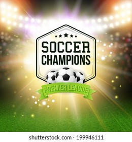 Abstract soccer football poster. Stadium background with bright spotlights, typography design and realistic soccer football ball. Vector illustration. 