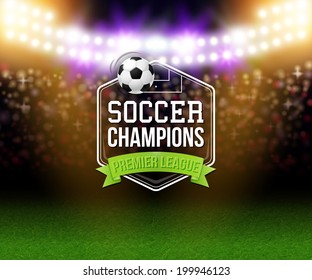 Abstract soccer football poster. Stadium background with bright spotlights, typography design and realistic soccer football ball. Vector illustration. 