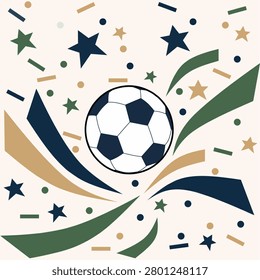 Abstract soccer orb amidst a flurry of celebratory shapes and energetic dynamic motifs