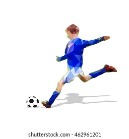 Abstract soccer player. Kicking ball. Polygonal isolated soccer player, geometric blue vector football player silhouette