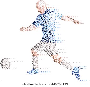 Abstract soccer player made with dots kicking the ball in white background