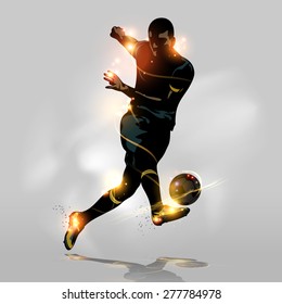 Abstract soccer player quick shooting a ball