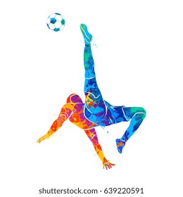 Abstract soccer player quick shooting a ball from splash of watercolors. Vector illustration of paints.