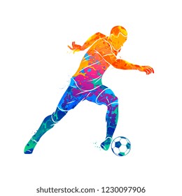 Abstract soccer player running with the ball from splash of watercolors. Vector illustration of paints.