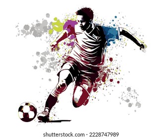 Un jugador de fútbol abstracto corriendo con la pelota por salpicaduras de acuarelas. Ilustración vectorial de pinturas.