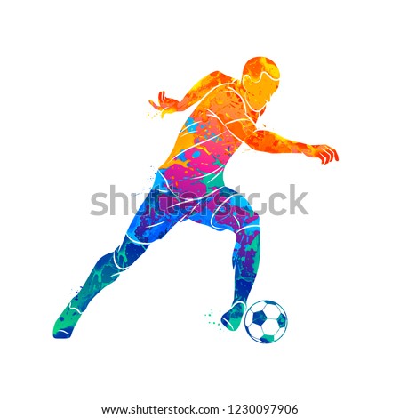Abstract soccer player running with the ball from splash of watercolors. Vector illustration of paints.