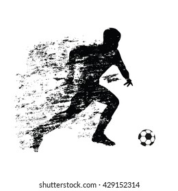 Abstract soccer player runs with ball. Grunge shadow behind a running athlete. Soccer player vector silhouette