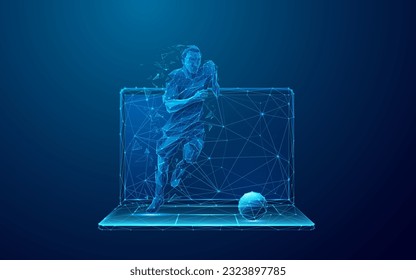 Abstract Soccer Player Runs Out of the Laptop Screen. Cyber sport or Sports Betting futuristic concept. Digital Football Player on Mobile Computer in Low Poly Wireframe Style on Dark Blue Background.