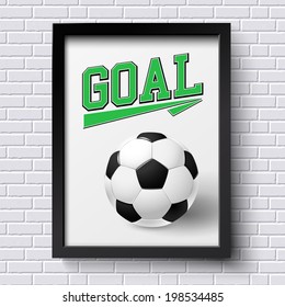 Abstract soccer poster. Image frame on white brick wall with football poster. Vector illustration.