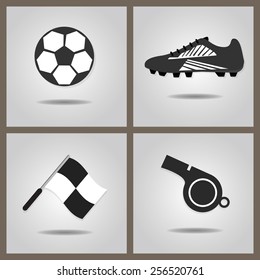 Abstract soccer set icons with dropped shadow on gray gradient background - Soccer shoe, soccer ball, assistant referee flag, and blowing whistle