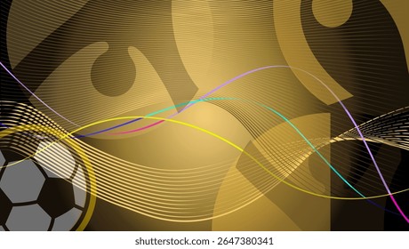 Abstract soccer sports banner background luxury design with football symbols soccer ball, soccer players, fans, gold group waves, brochure cover modern design black background, template vector 2025