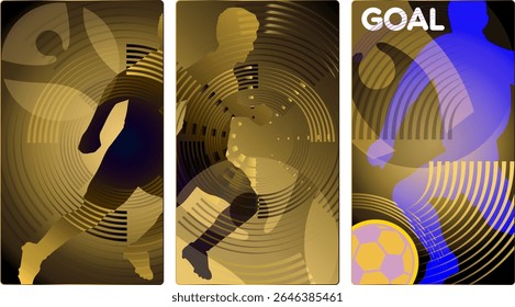 Abstract soccer sports goal concept banners set modern design soccer ball player fans gold rays gradient glow wavy lines dynamic fluid elements football brochure cover background template vector 2025