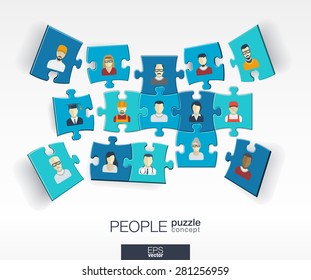 Abstract social background with connected color puzzles, integrated flat icons. 3d infographic concept with people, technology, network and media pieces in perspective. Vector interactive illustration